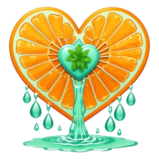 orange glittery heart, chopped  in pieces  with mint green water dripping down and a couple art deco fans  sticker