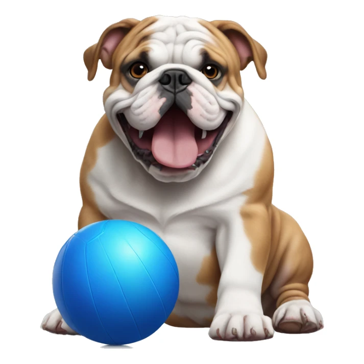 English bulldog playing with big blue ball sticker