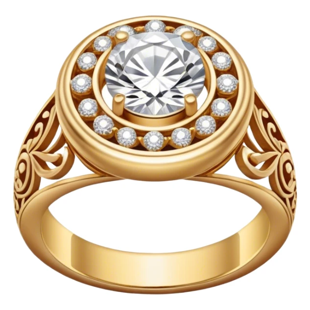 A gold ring with an intricate, elegant engraved design, featuring a sparkling diamond centerpiece, smooth polished finish sticker