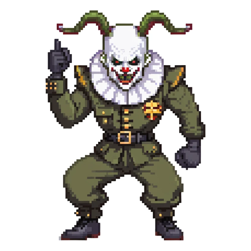 evil clown soldier, bald, small black satan horns on forehead, fangs, pointed ears, black and military green clothes with bellbottom pants, realistically proportioned, less bulky, full body, fighting stance sticker