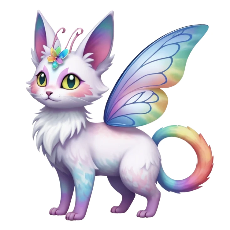 Pure-snow-White albino iridescent with pastel rainbow-gradients-color-markings with swirly patterns butterflies  faerie-Noivern-Noibat-Purloin-Torracat-Lykoi-Caracal-cat-Fakemon-fusion-hybrid-creature sticker