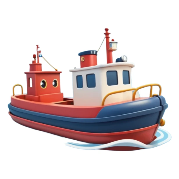 A 3D cartoon tugboat towing another boat on calm blue water, soft waves, clear sky, Memoji-style. sticker