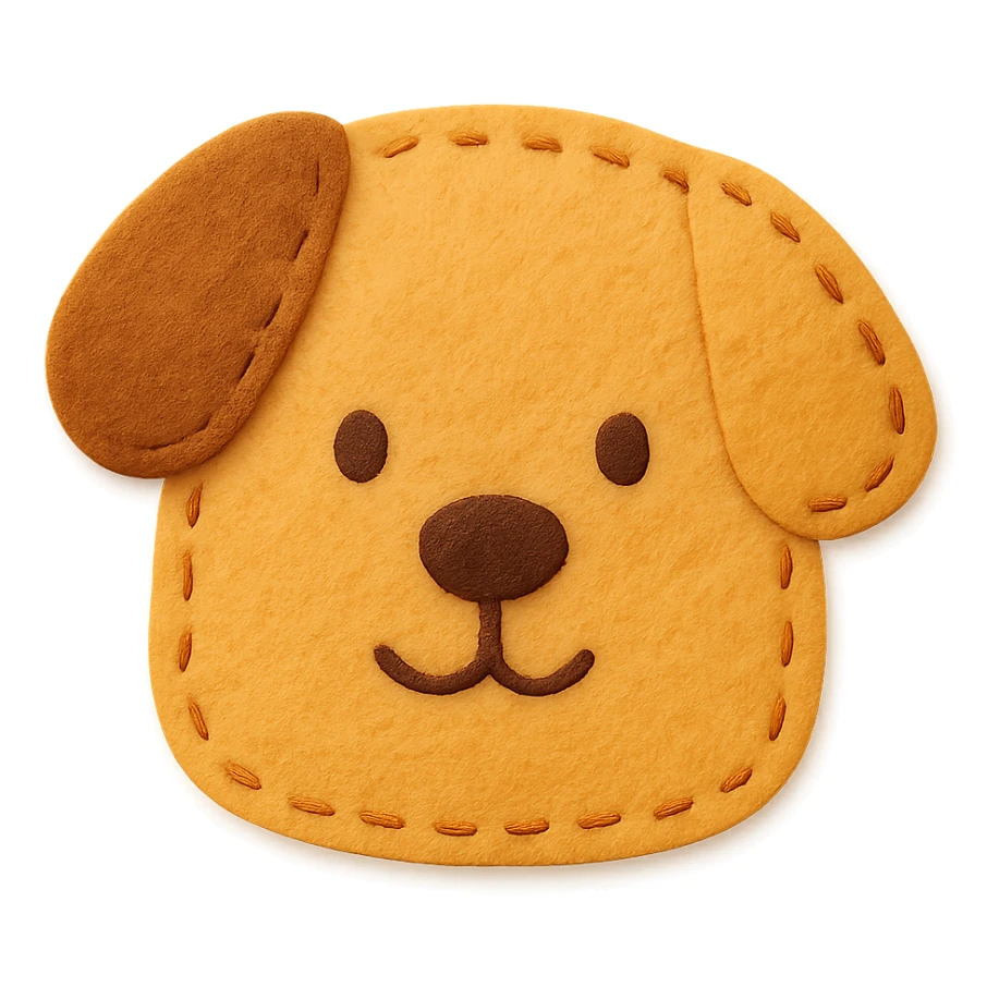 <StylePrompt>
  <Name>Minimal Felt Appliqué Icon</Name>
  <Description>
    A soft, handcrafted felt icon style with lightly padded forms, simple shapes, and clean outlines. Features slightly more visible stitching for tactile charm while maintaining a low-detail aesthetic.
  </Description>
  <VisualProperties>
    <Material>Felt</Material>
    <Texture>Soft, matte surface with subtle fiber detail</Texture>
    <Stitching>
      <Type>Threaded edge stitch</Type>
      <Color>Muted orange or warm brown</Color>
      <Pattern>Evenly spaced running stitch around edges</Pattern>
      <Thickness>Medium (approximately 10% more pronounced than minimal)</Thickness>
      <Contrast>Moderate (stitch color clearly distinct from base felt)</Contrast>
    </Stitching>
    <Padding>Low to moderate—slightly raised but not deeply dimensional</Padding>
    <Edges>Smooth and rounded with clean curves</Edges>
    <ColorPalette>
      <Primary>Warm yellows, oranges, and browns</Primary>
      <Accent>Dark brown for facial features</Accent>
      <Background>Neutral off-white or soft beige</Background>
    </ColorPalette>
  </VisualProperties>
  <FacialFeatures>
    <Eyes>Small round dots</Eyes>
    <Nose>Simple oval or triangle</Nose>
    <Mouth>Minimal curved line or none</Mouth>
    <DetailLevel>Low</DetailLevel>
  </FacialFeatures>
  <Rendering>
    <Lighting>Soft and diffused</Lighting>
    <Shadows>Subtle, barely visible</Shadows>
    <Perspective>Front or side profile, flat angle</Perspective>
  </Rendering>
  <Applicability>
    <SubjectType>Animals, symbols, objects</SubjectType>
    <OutputFormat>Icon, patch, or sticker</OutputFormat>
  </Applicability>
</StylePrompt>

{subject} = dog sticker