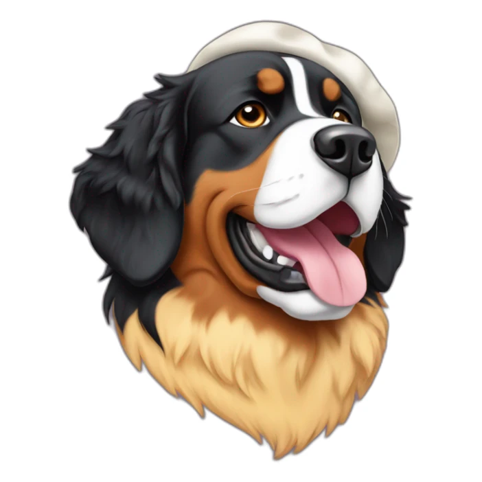 A Bernese mountain dog wearing a cheese head hat sticker