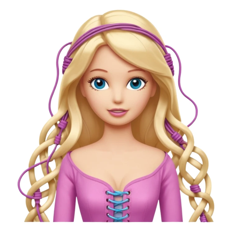 plastic barbie doll tightly bound with tangled AUX cables. sticker