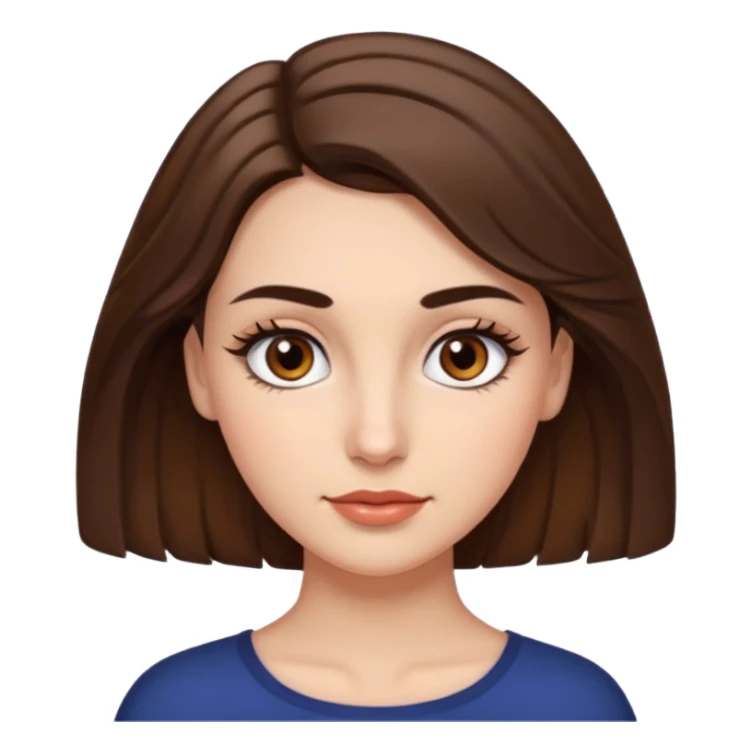 uma mulher com cabelo curto, castanho, levemente ondulados e um pouco abaixo do ombro, sobrancelhas grossas e cílios grandes. Cor da pele é branca e olhos castanhos e um pequeno sinal na bochecha direita.  sticker