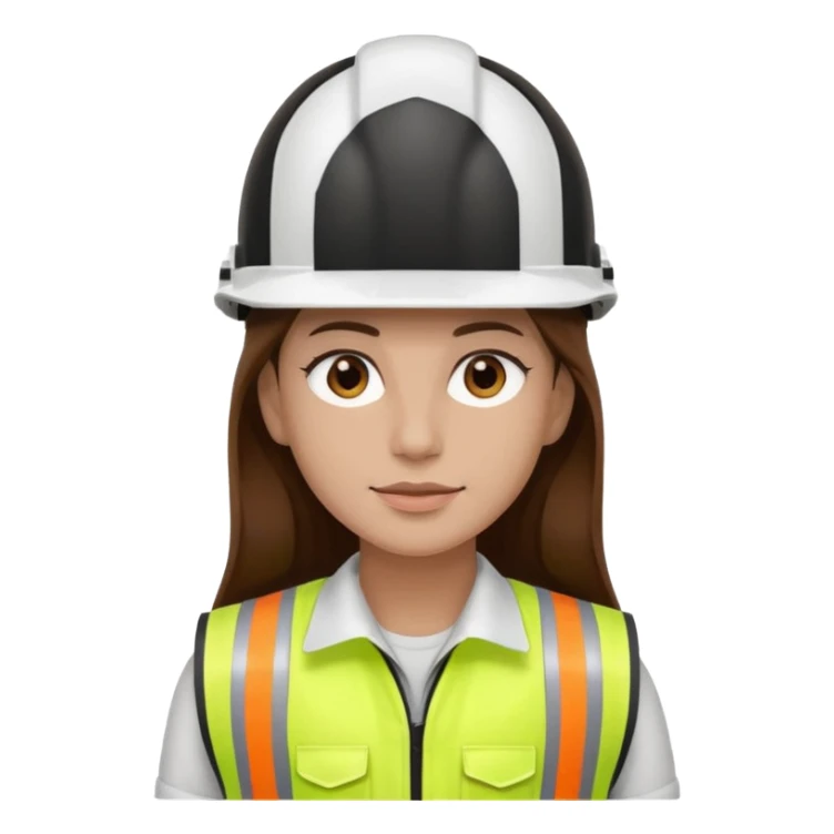 Arquitecta ojos marrones pestañas pelo marron por los hombros casco blanco chaleco fosforito sticker