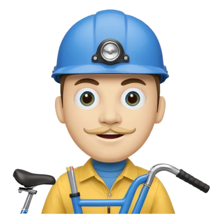 A round head puppet with 2 buck teeth a blue bike helmet and a round nose with a pencil in it also he has a unibrow and blue eyes and a yellow shirt that says jeffy sticker