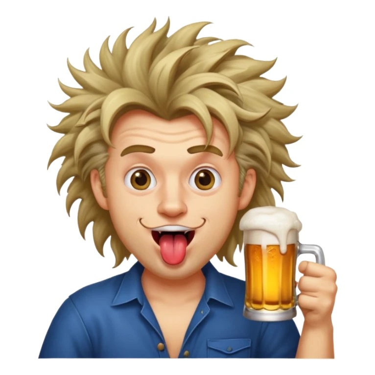 whacky man holding a beer, cross eyed, extremely wild and crazy expression, tongue out, wild hair sticker