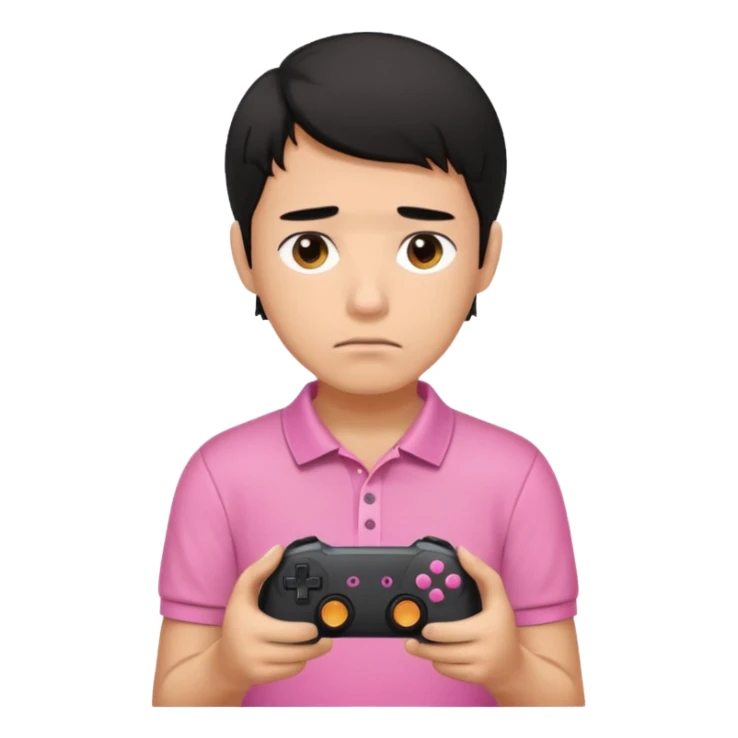 generate a pretty tan bratz boy with a pink polo. Holding a gaming controller in hand. Black hair.looking sad sticker