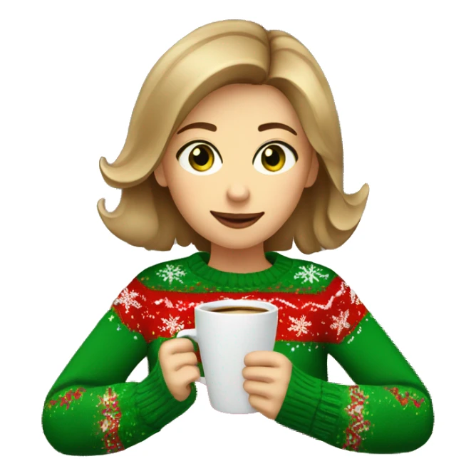 Light brown short haired girl with green eyes drinking coffee wearing Christmas sweater sticker