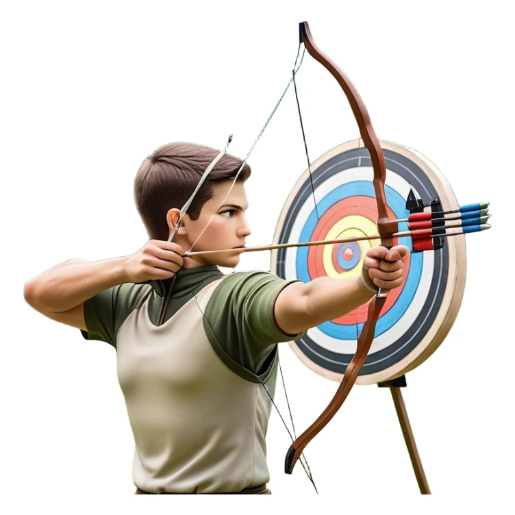 An archer pulling back a bowstring, aiming at a target in the distance. The target features concentric rings, and the scene conveys focus and precision. The background captures the essence of an outdoor archery range, highlighting skill and concentration in the sport. sticker