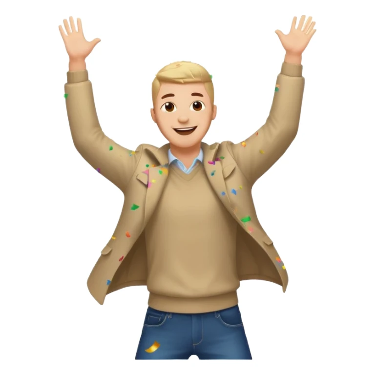 hombre sonriendo saltando con los brazos hacia arriba saltando, con explosivos, confites volando, sticker