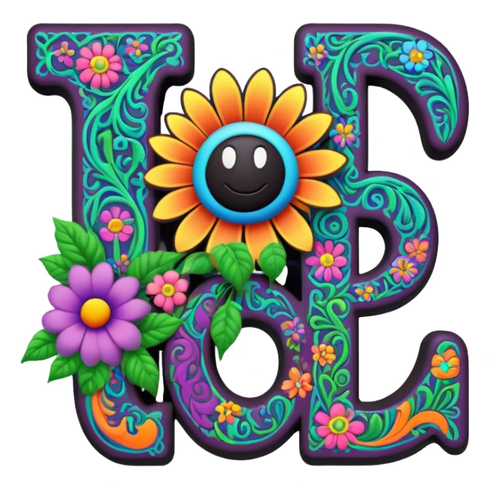 3D, gothic style psychedelic colored word Jay with hippie style flower border sticker