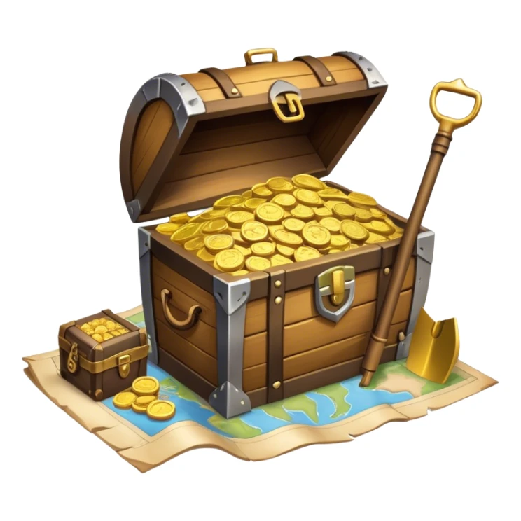 An icon featuring a treasure chest overflowing with gold, a treasure map with a compass rose, a backpack, and a shovel. The map guides the way, symbolizing the adventure of treasure hunting. Set against a transparent background, the design evokes excitement and exploration. sticker