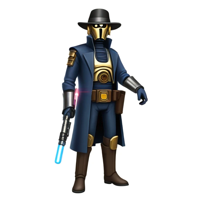 mean bounty hunter tarnished undercover tough well-equipped Jedi life-sized darkblue-pearl C3po leather vest clothing pants and vest old west duster coat holding light saber sheriff holstered gun hat floating sticker