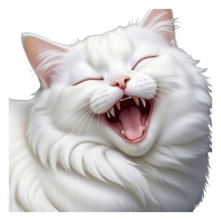Cinematic Cute Yawning White Cat Portrait Emoji, Head gently tilted with an endearing, wide-open yawn and softly closed eyes, showcasing a pristine white fur with delicate hints of silver, simplified yet irresistibly adorable, highly detailed, glowing with a tender, cozy radiance, high shine, exuding sleepy charm and gentle affection, styled with a soft glowing outline, capturing the essence of a white cat caught mid-yawn, radiating pure, adorable lethargy! sticker