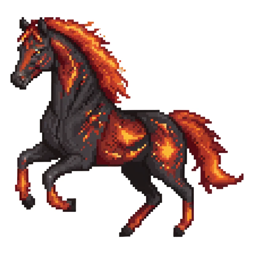 Red fast fire horse made of embers, magma, visible lava, burning, with ash particles surrounding it. Horse galloping with a fiery mane and tail. sticker