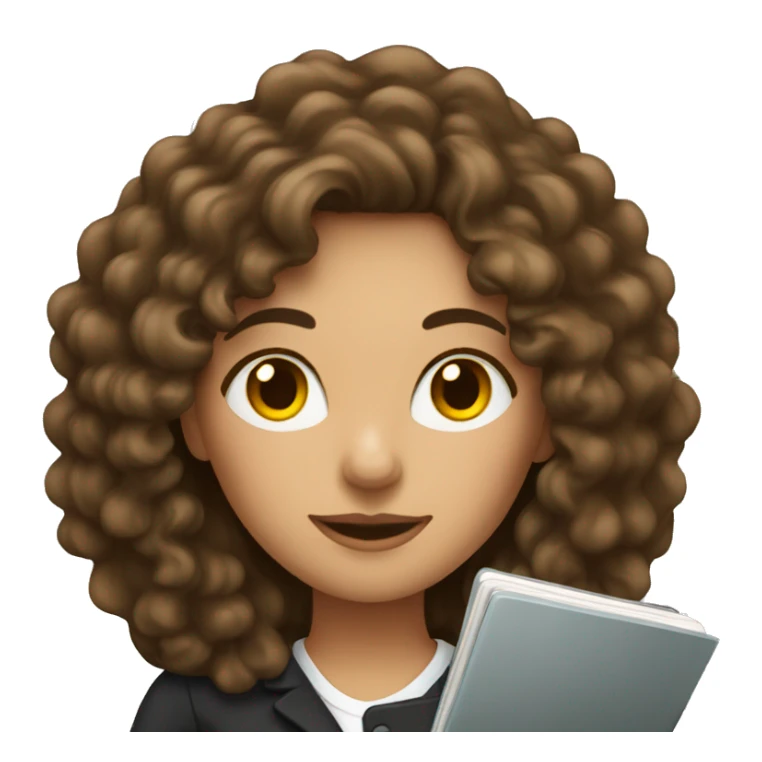 brunette woman with long curly hair working on notebook sticker