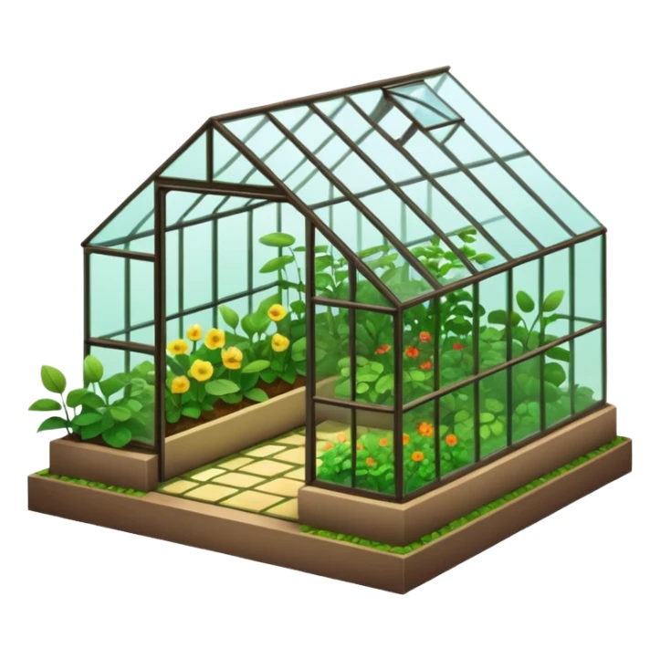 A 3D cartoon greenhouse filled with green plants and sunlight streaming through glass panels, earthy floor, bright natural light, Memoji-style texture and depth. sticker