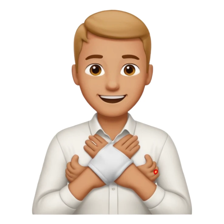 Man with hands gripped around neck crossed like he is choking while smiling sticker