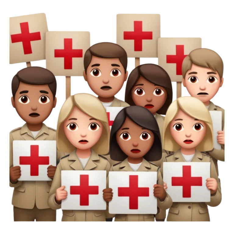 a crowd of people with unhappy faces, holding posters with a red cross painted on them sticker