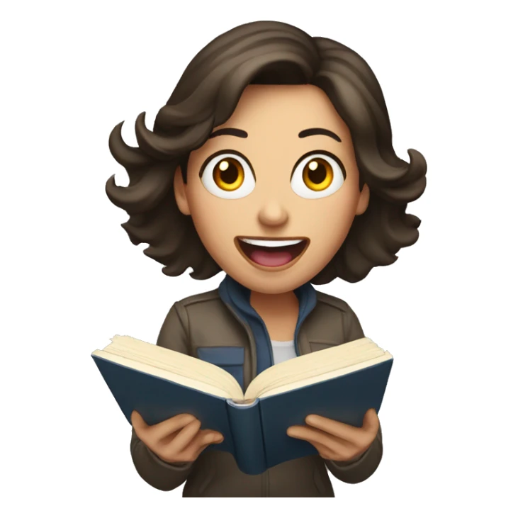 brunette woman screaming while holding and reading book sticker