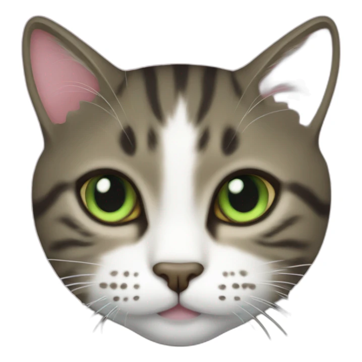 a dark tabby cat with a white face markings, light pink nose, and only one eye, which is green sticker