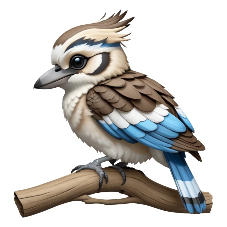 cinematic-kookaburra-realistic-full-body-perched-emoji,-compact-sturdy-frame-balanced-on-a-weathered-branch,-blue-and-white-feathered-wings-folded-neatly,-bold-striped-face-with-a-mischievous-glint-in-its-eye,-massive-sharp-beak-slightly-open-as-if-ready-to-laugh,-simplified-yet-realistic-focused-features,-highly-detailed,-glowing-with-a-warm-golden-light sticker