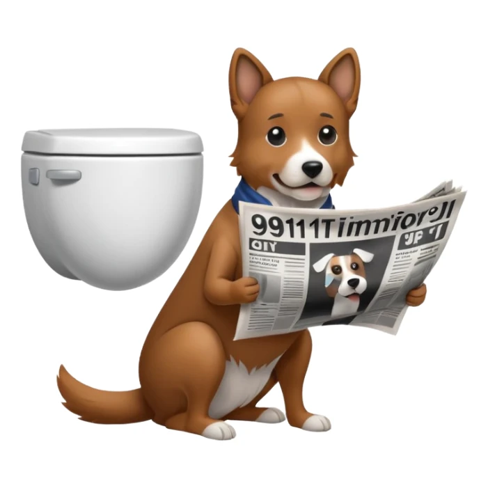 Dog on toilet with newspaper that says 9/11 sticker
