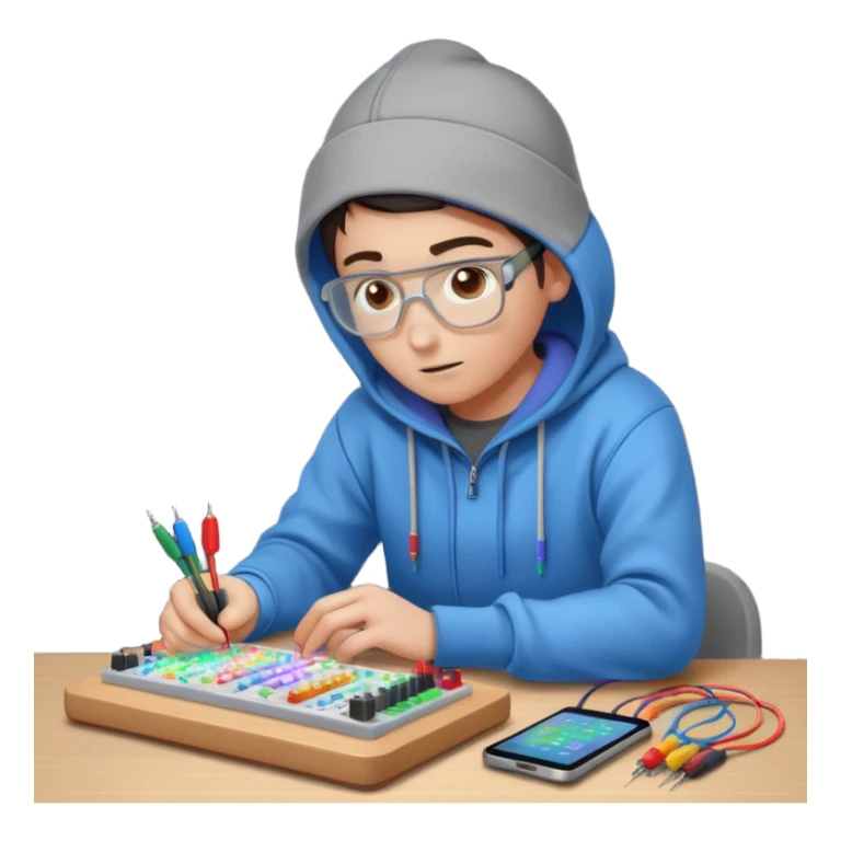 An emoji of an engineer working on a complex breadboard with many colorful wires and components. A Wi-Fi signal icon pulses above their head. They wear a hoodie and have a focused expression. Simple, cute, icon style. sticker