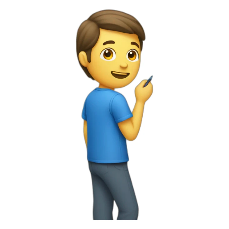 man with a blue shirt writing on a board sticker