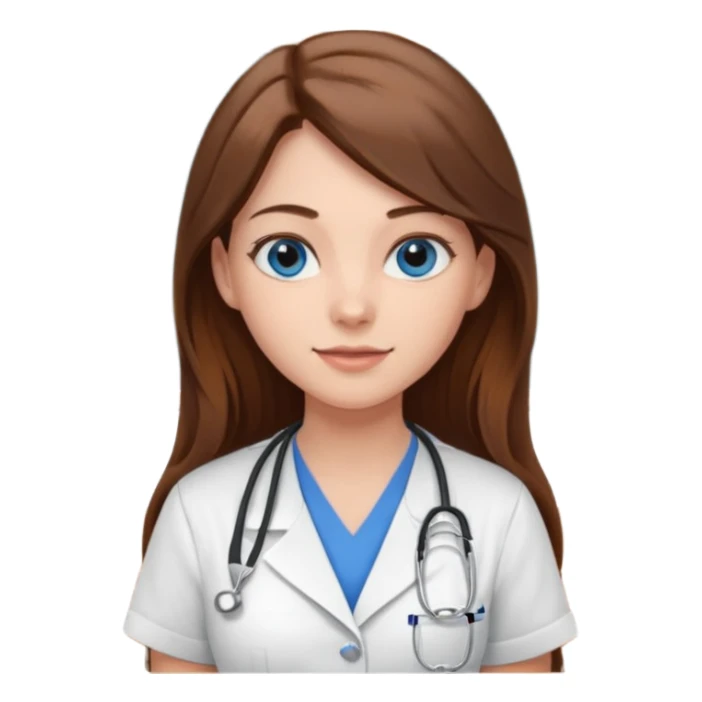 pretty female nursing student with long brown hair, blue eyes inside a classroom at university with blackboard behind her sticker