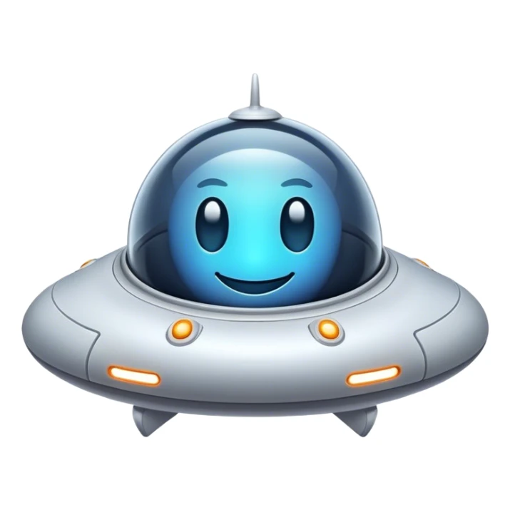 Design a simple, friendly spaceship with a smooth, rounded shape. Add a clear 'face' on the front using glowing lights for eyes and a curved line for a smile, giving it personality. Use a plain background to keep the focus on the ship sticker