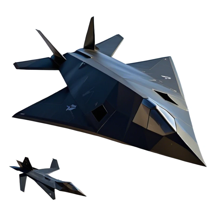 F-117 Nighthawk - Lockheed Martin (Stealth Grey) A futuristic stealth attack aircraft with a distinct faceted, angular design in a stealthy matte grey. Its sharp, jagged edges and unconventional, almost alien-like shape make it look like a shadow cutting through the night sky. The surface should appear non-reflective with subtle panel lines. sticker