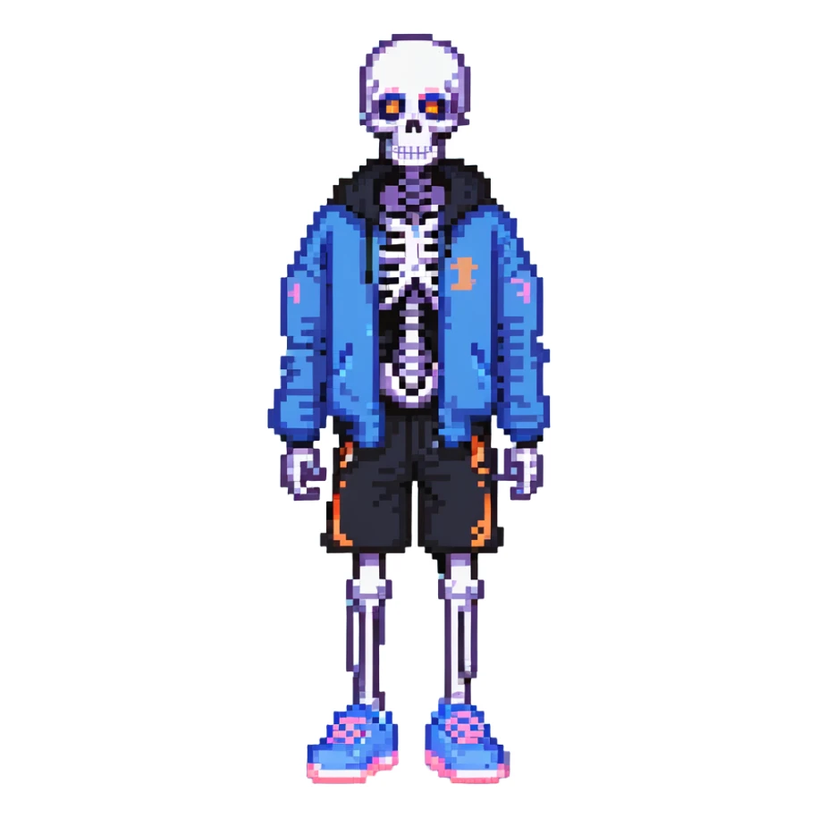 short skeleton with blue jacket, black basketball shorts, light pink slippers, blue glowing left eye sticker