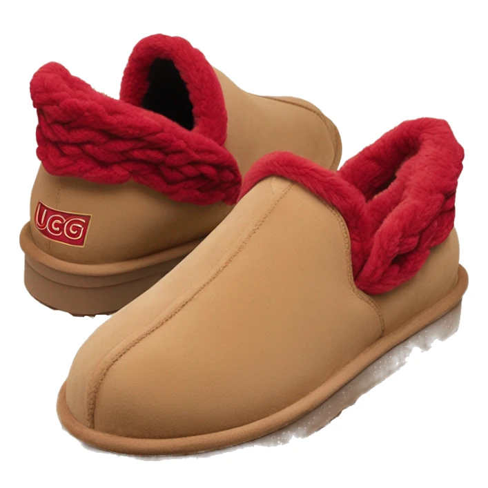 Camel colored platform slip-on UGG slippers. has a Very thin red woven zig-zag trim on the cuff sticker