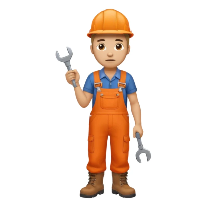 railway engineer, looking tired in orange overalls, boots, holding a spanner emoji sticker