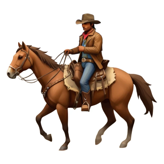 An icon representing an adventure game, inspired by Red Dead Redemption II. The design features a rugged cowboy riding a horse through a vast, open landscape with mountains, deserts, and wild animals. The atmosphere conveys exploration, action, and the thrill of the journey. Transparent background sticker