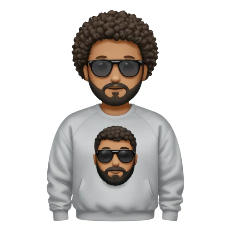 Black man with black sunglasses and curly short
 hair with a full beard and sideburns in a Nike sweatshirt sticker