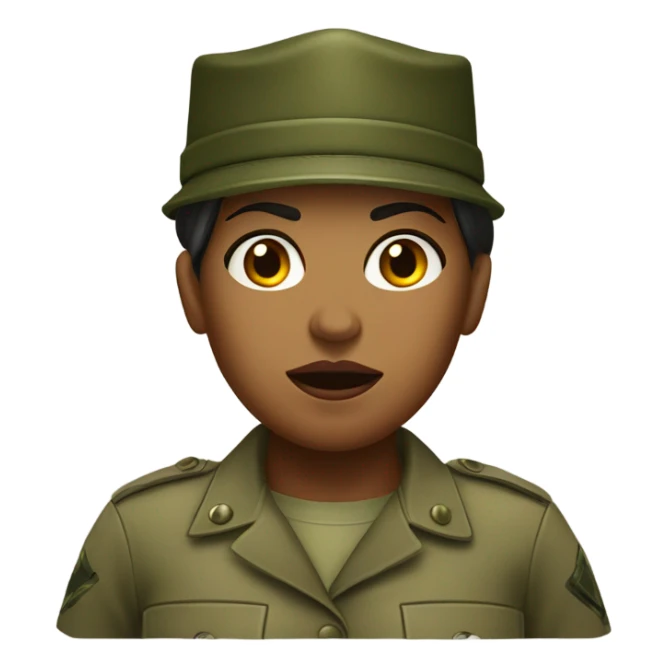 a female drill sergeant showing full torso wearing a classic sergeant hat and a camouflage army shirt. The character should have an angry intense expression.  sticker