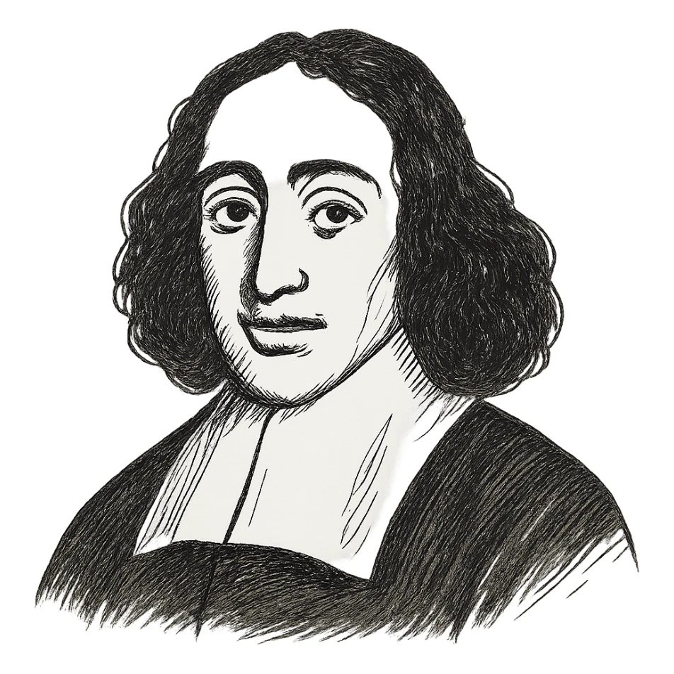 Make the Spinoza black outline icon more detailed, with refined facial features, long curly hair, and a 17th-century collar, keeping the hand-drawn outline style. sticker