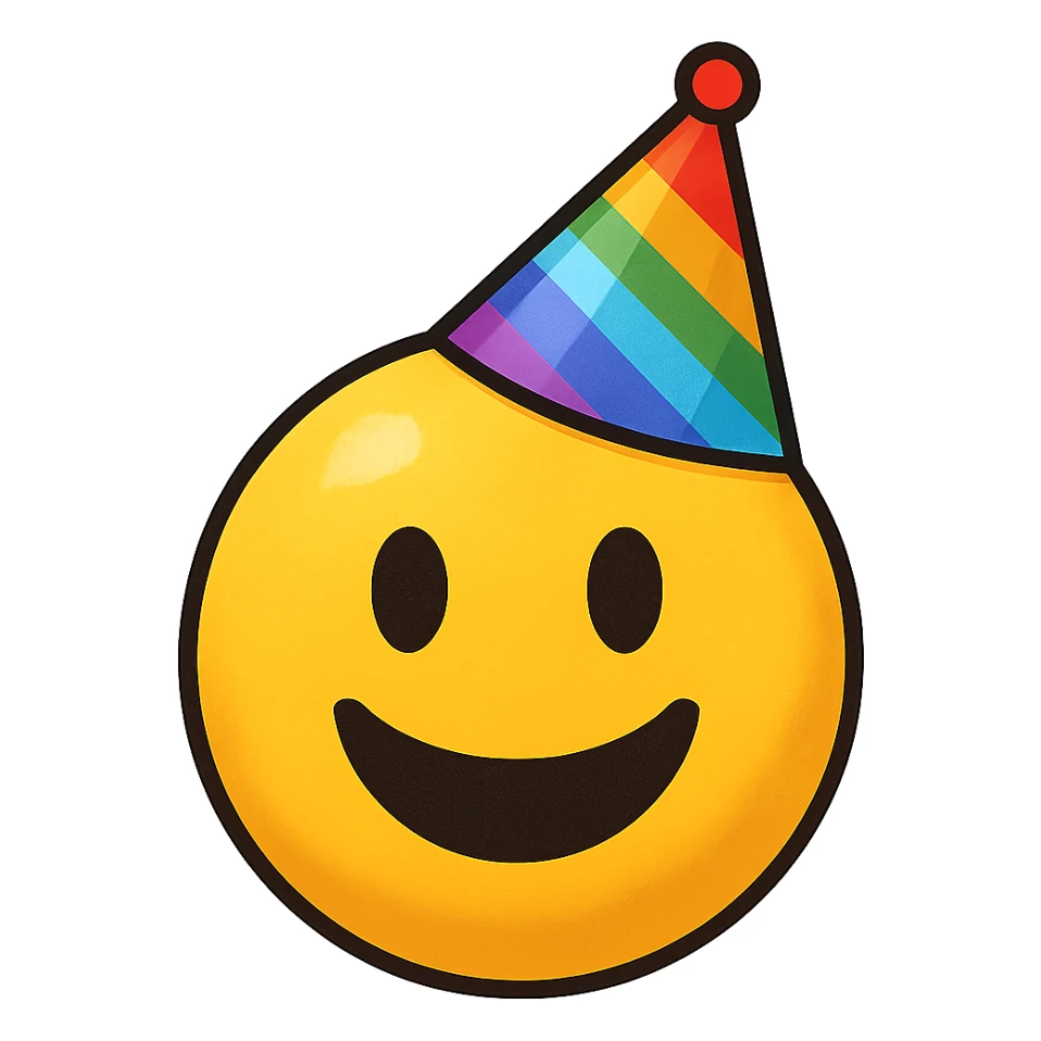 yellow face with rainbow party hat emoji, digital illustration sticker