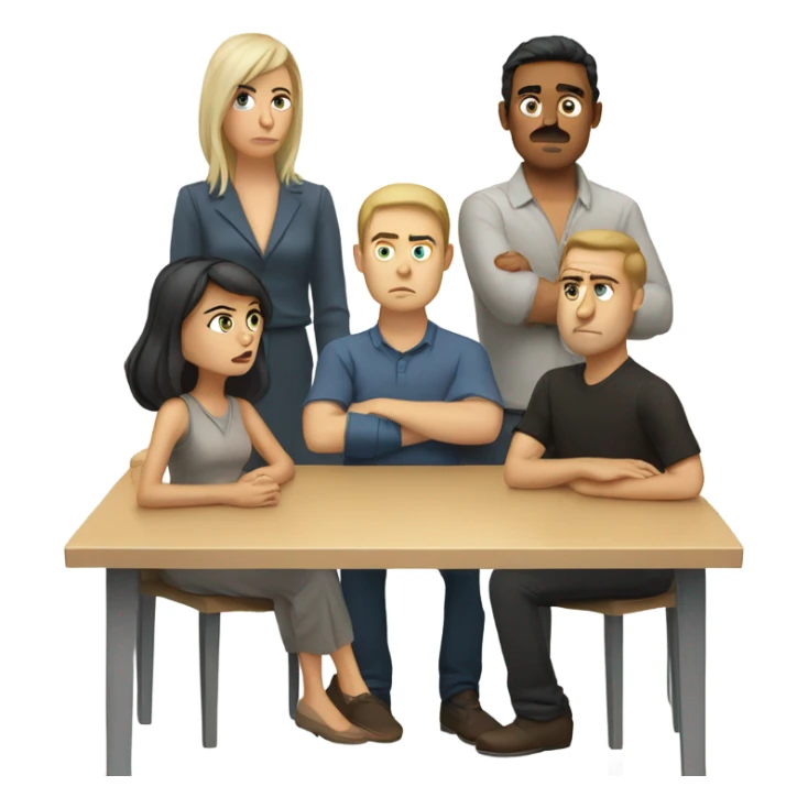 6 Caucasian people sitting around a table looking unhappy sticker