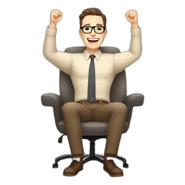 Joyful Celebrating victory Hands up Pale skinned Fit Man With dark brown hair in gray jacket, beige office shirt, Brown pants and vintage glasses sitting In a soft chair sticker