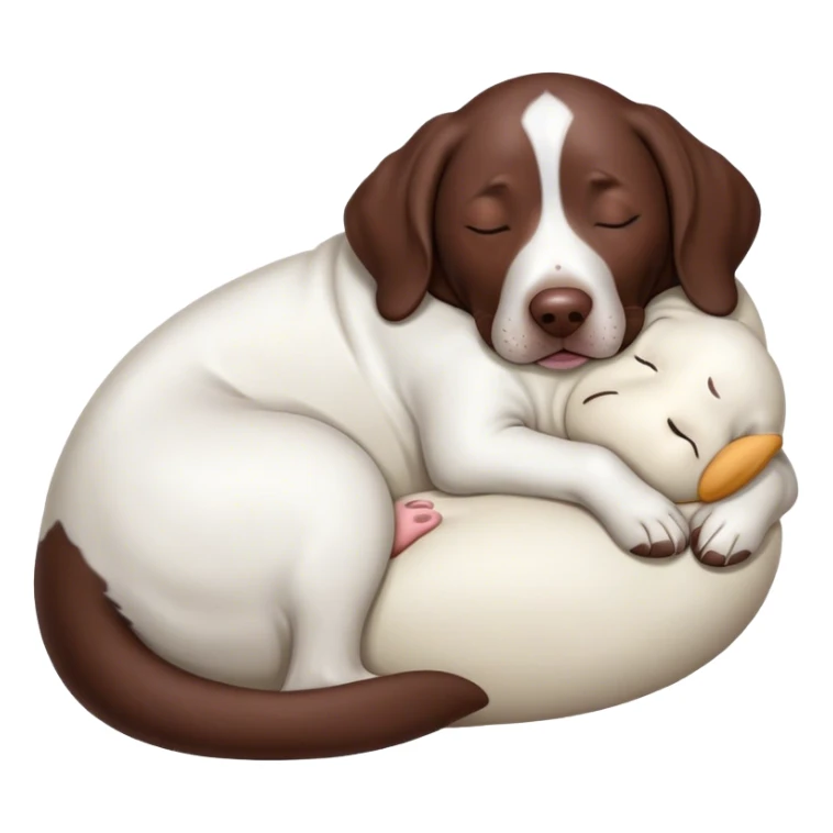 Cinematic Meme-Worthy Chubby Sleeping German Pointer Portrait Emoji, Head resting peacefully with a contented smile, showcasing a delightfully chubby build and a luxuriously soft liver and white coat, eyes shut in a serene nap, Simplified yet hilariously adorable features, highly detailed, glowing with a soft, drowsy light, high shine, relaxed and utterly lovable, stylized with an air of playful laziness, bright and heartwarming, soft glowing outline, capturing the essence of a comically sleepy hunter, so meme-worthy it feels like it could instantly become the next viral sensation of adorable slumber! sticker
