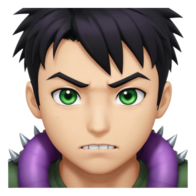 Anime boy character with black hair and spiky bangs on the face with dark green eyes and a scar on the mouth and muscular and black shirt with a purple worm around him sticker