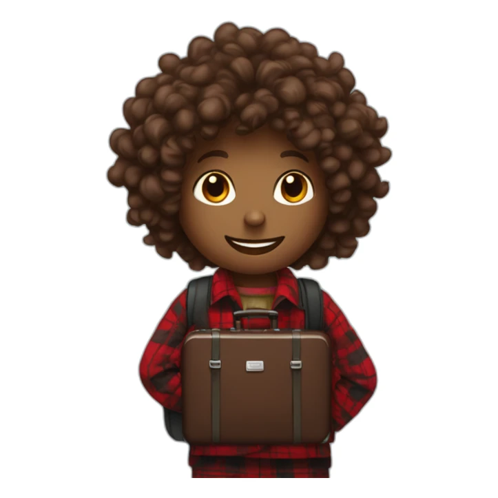 Chocolate colored doodle with wavy hair wearing a red and black flannel handkerchief with a carryon suitcase sticker