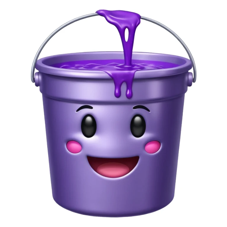 metallic bucket filled with purple slime, happy face only on the slime, plain bucket with no face sticker