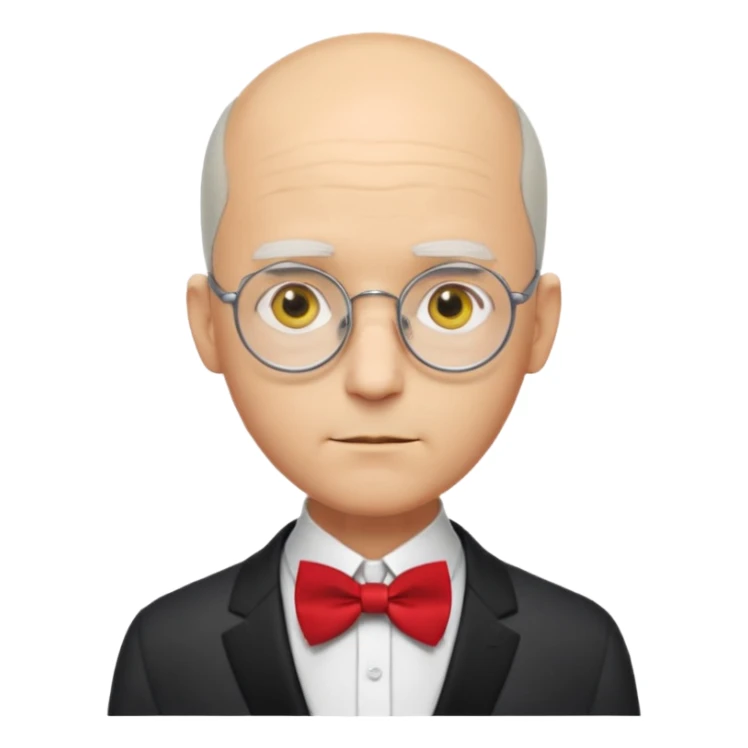 Yellow-skinned animated man. Bald on top with thin gray hair at the sides. Large round white eyes with black pupils. Wears round glasses. Pointed nose. Visible suit lapels, white shirt collar, and bow tie at the neck. sticker